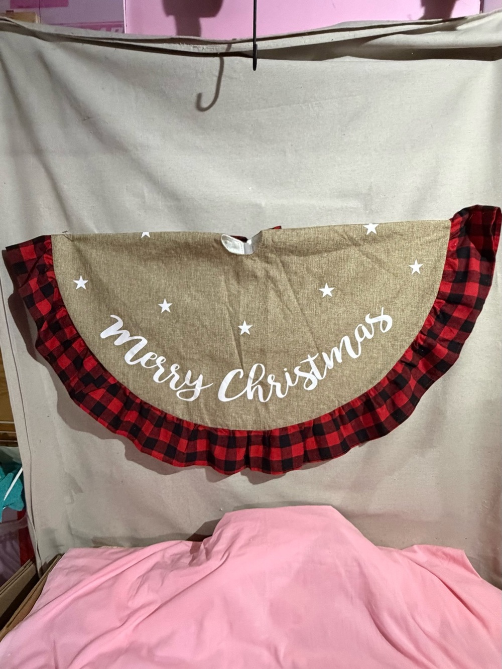 Merry Christmas Red Buffalo Plaid Ruffle Tree Skirt